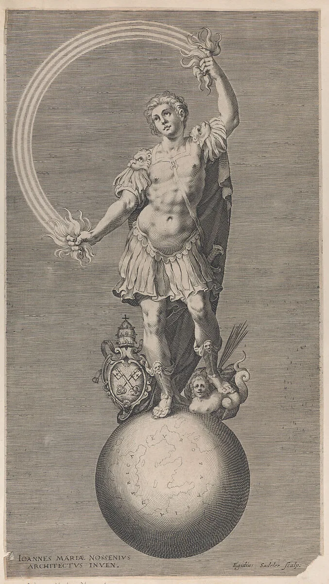Allegorical figure of a warrior standing on a globe with the papal coat of arms at his feet — Aegidius Sadeler II|Giovanni Maria Nosseni