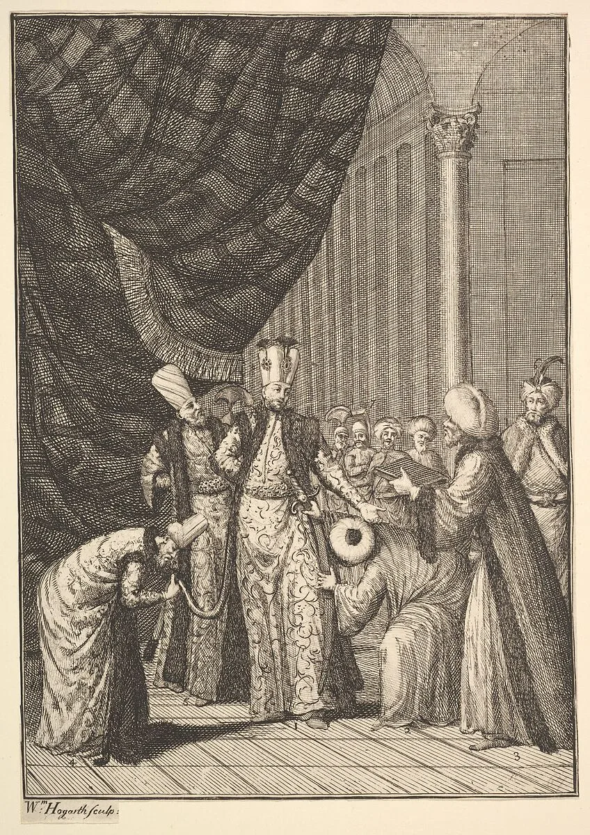 Sultan Ahmed III Crowned in the Mosque at Eyups (Aubry de La Mottraye's "Travels throughout Europe, Asia and into Part of Africa...," London, 1724, vol. I, pl. 17B) — Jean Baptiste Vanmour|William Hogarth|Aubry de La Mottraye