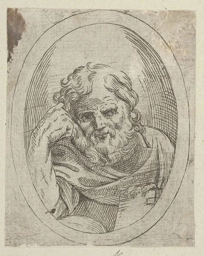 An apostle resting his head on his right hand and holding a book, in an oval frame, from "Christ, the Virgin, and Thirteen Apostles"