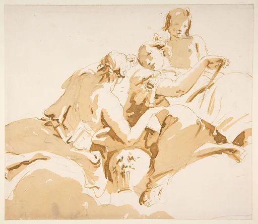 Two Seated Women and a Boy on Clouds