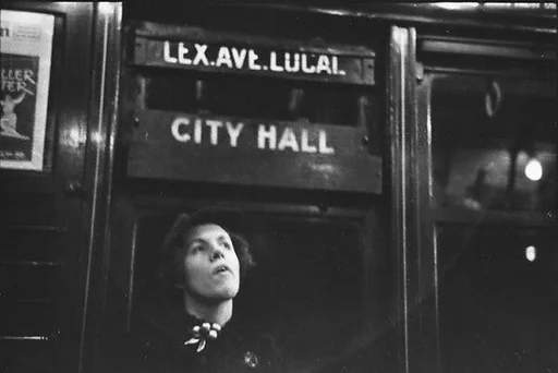 [Five 35mm Film Frames: Subway Passengers, New York City: Woman Beneath "Lex Ave Local" Sign, Two Men in Conversation Beneath "Lex Ave Local" Sign, Two Men Beneath "City Hall" Sign]