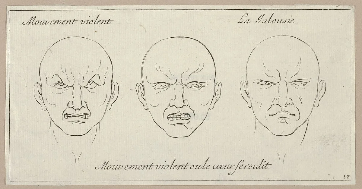 Mouvement Violent, Mouvement violent ou le coeur seroidit, La Jalousie (from Caractères des passions, gravés sur les desseins de l'illustre Monsieur le Brun) — Sébastien Le Clerc, le Jeune|Charles Le Brun