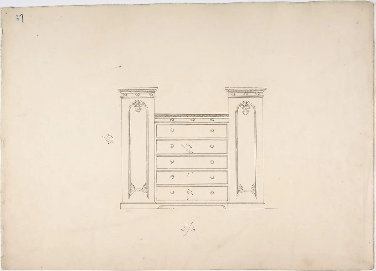 Design for a Cabinet with Central Drawers and Palmeate Ornament — Anonymous, British, 19th century