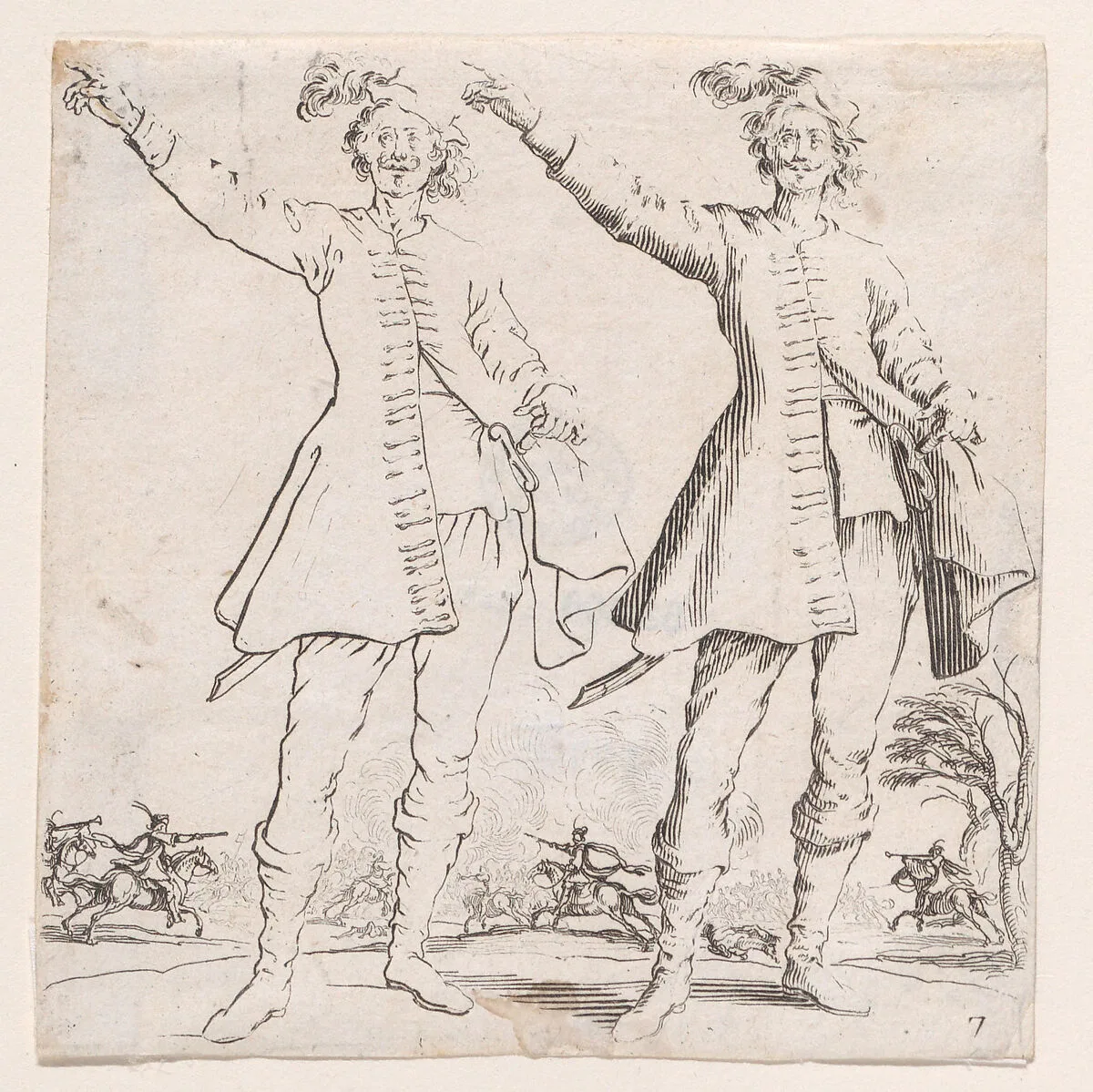 Le Turc Vu de Face, Levant le Bras Droit (Front View of the Turk, Raising his Right Arm), from Varie Figure (Various Figures), plate 7 — Jacques Callot