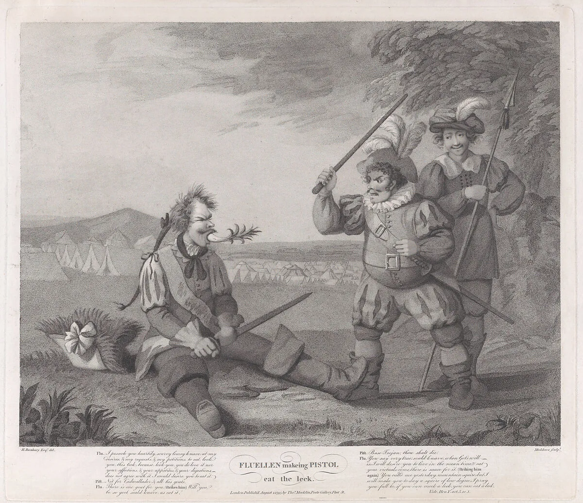 Fluellen Making Pistol Eat the Leek (Shakespeare, Henry V, Act 5, Scene 1) — Robert Mitchell Meadows|Thomas Macklin|William Shakespeare|Henry William Bunbury
