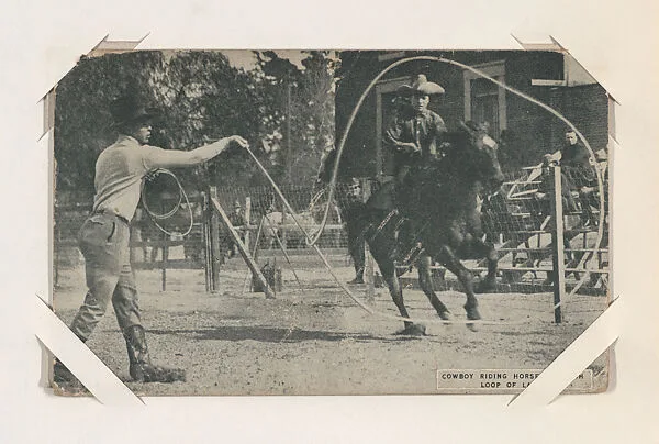 Cowboy riding horse through loop of lasso from Indians and Western Historical Scenes series (W417) — Unknown