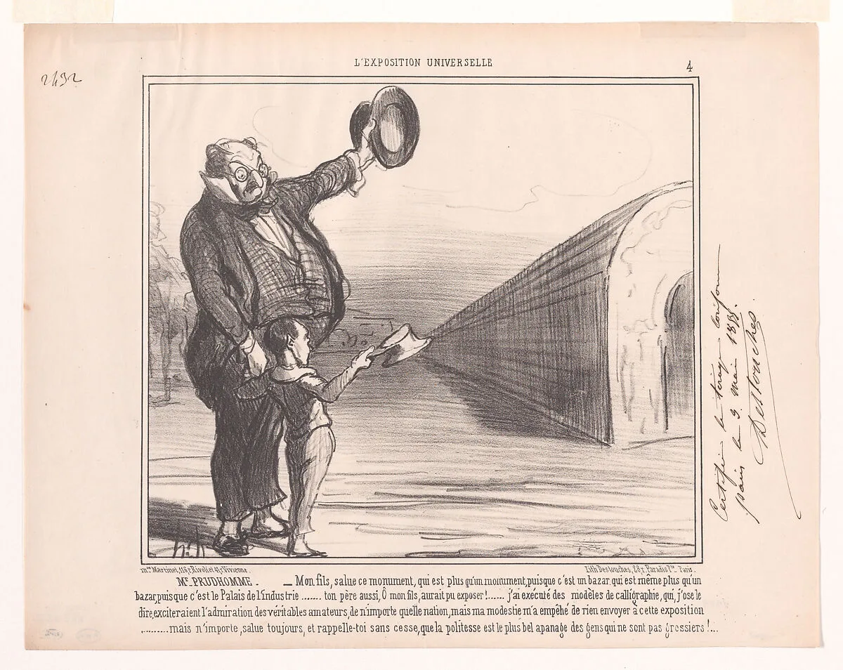 Mr. Prudhomme: – My son, salute this monument..., from L'Exposition Universelle — Maison Martinet|Destouches|Honoré Daumier