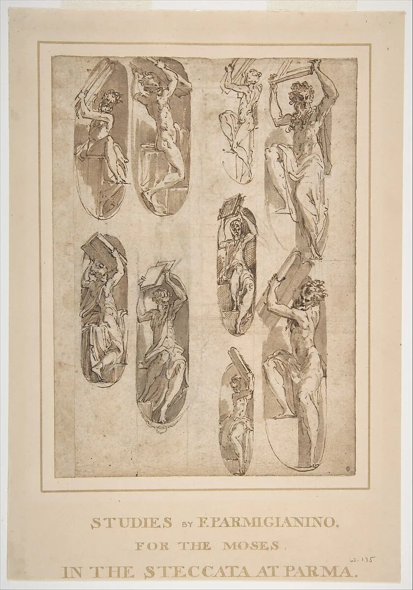 Nine Studies of the Moses in Santa Maria della Steccata, Parma (recto); Nine Studies for the Eve in Santa Maria della Steccata, Parma (verso) — Parmigianino (Girolamo Francesco Maria Mazzola)