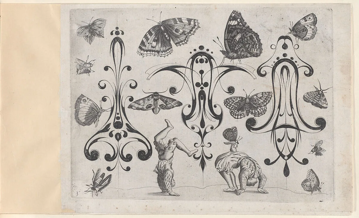 Blackwork Designs with Acrobats, Butterflies and Other Insects, Plate 3 from a Series of Blackwork Ornaments combined with Figures, Birds, Animals and Flowers — Meinert Gelijs|Jacques Callot|Jakob Hoefnagel