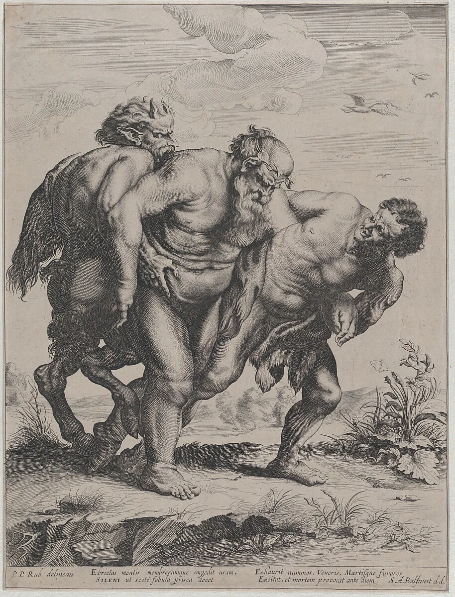 The drunken Silenus, supported by a satyr and a faun — Peter Paul Rubens|Schelte Adams à Bolswert