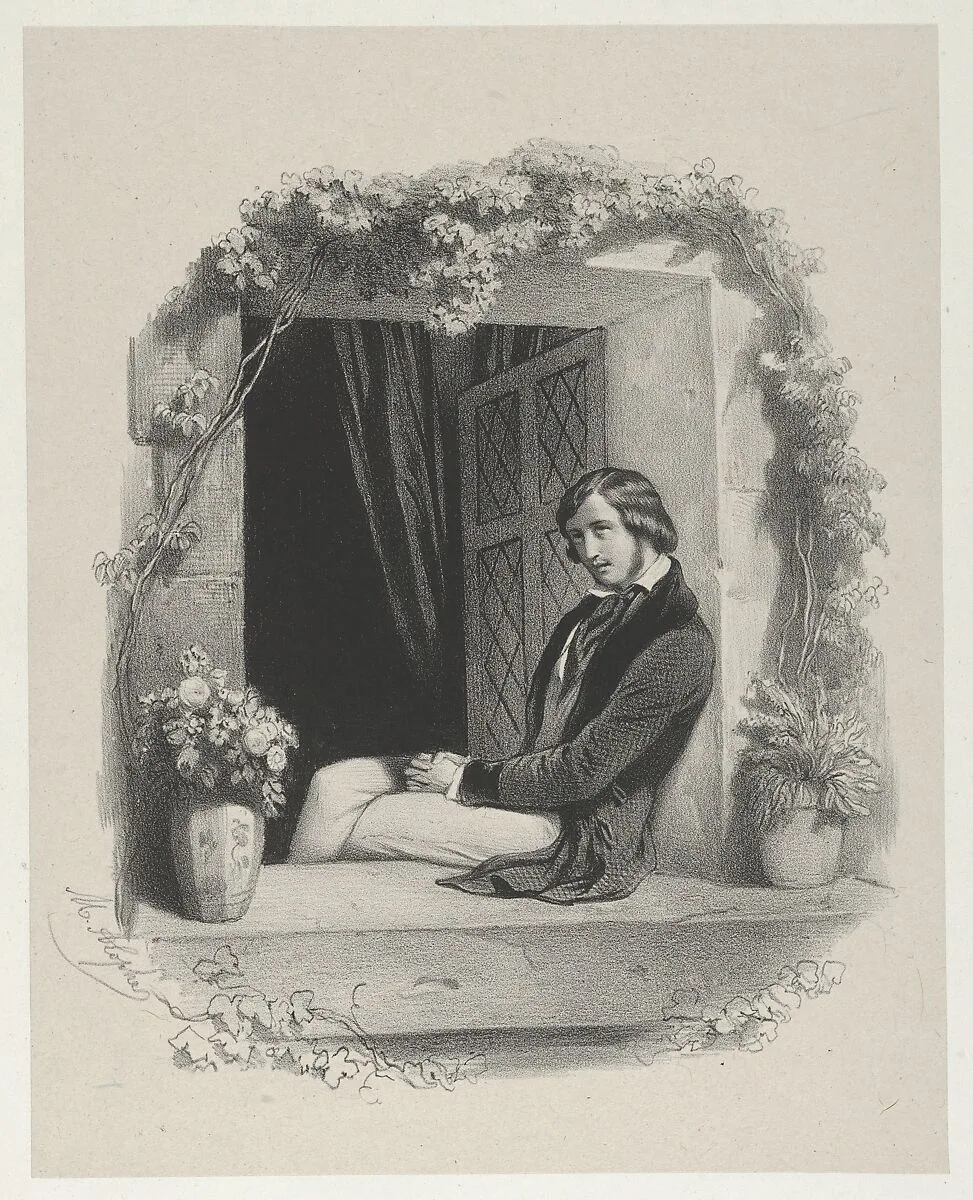 Melancholy, young man with folded hands sitting on window sill — Marie-Alexandre Alophe