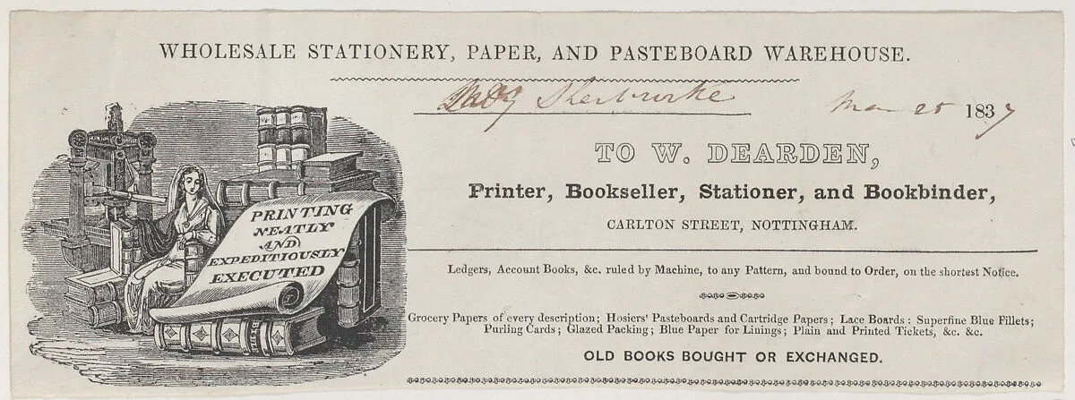 Trade Card for W. Dearden, Printer, Bookseller, Stationer, and Bookbinder — Anonymous, British, 19th century