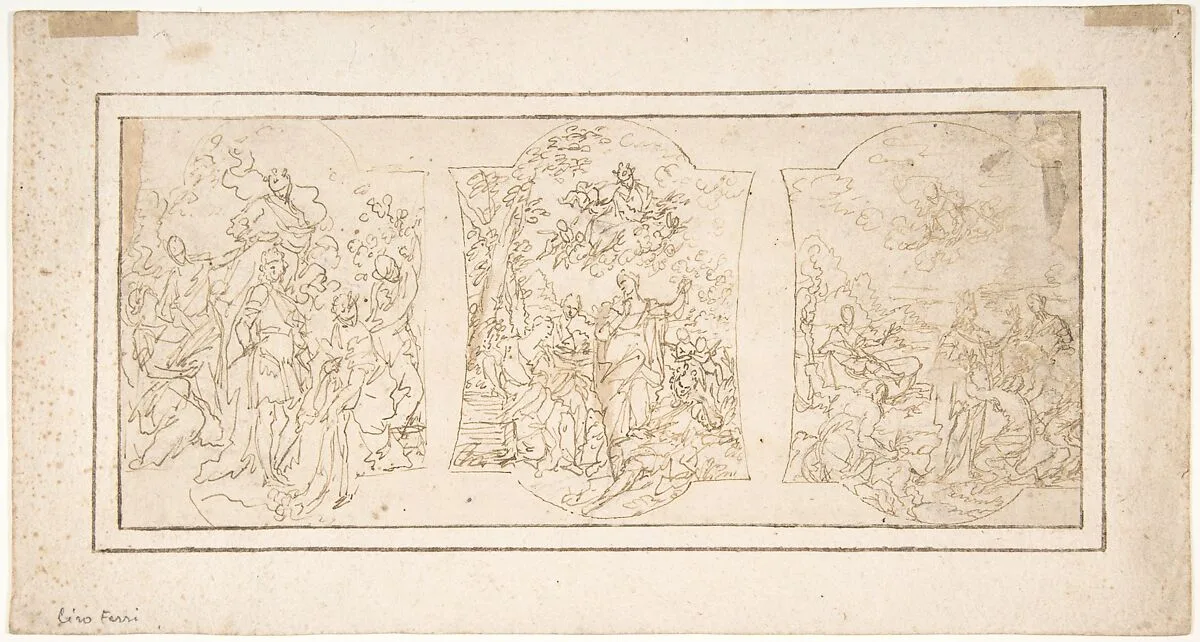 Drawing for Ceiling Decoration Consisting of Three Panels Each Showing a Different Scene with Figures — Ciro Ferri