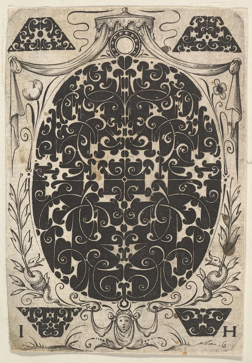 Oval Pendant Decorated with Schweifwerk, Surrounded by Smaller Motifs and Crowned by a Baldachin — Jacques Hurtu|Pierre Firens I