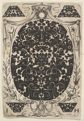 Oval Pendant Decorated with Schweifwerk, Surrounded by Smaller Motifs and Crowned by a Baldachin
