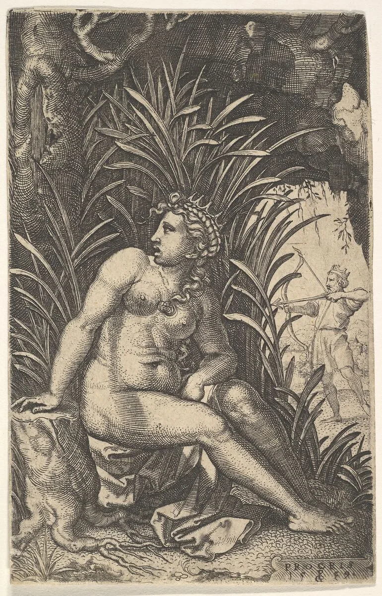 Cephalus and Procris: Procris turns her head over her right shoulder while seated nude in a thicket, Cephalus draws an arrow with a bow beyond, from a series of four mythological scenes — Georg Pencz