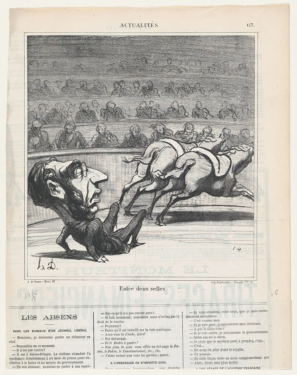 Between two chairs, from 'News of the day,' published in Le Charivari, April 15, 1869 — Destouches|Honoré Daumier|Arnaud de Vresse