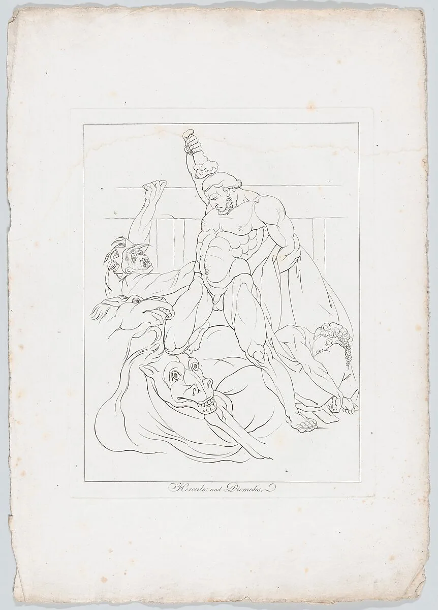 Hercules Slays Diomedes and his Flesh-Eating Mares (Apollodorus, II, 5, 8 and Quintus Smyrnaeus, VI, 247-250) — Henry Fuseli|Johann Heinrich Lips