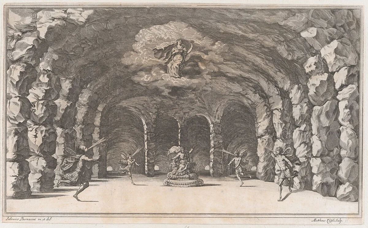Cavern of Aeolus; a cave with wind gods blowing on either side of Aeolus who sits enthroned at center; set design from 'Il Pomo D'Oro' — Mathäus Küsel|Ludovico Ottaviano Burnacini