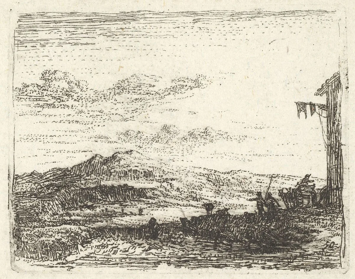 Landscape with corner of building and awning at far right, two figures and a horse-drawn cart are positioned with backs toward the building, a craggy hill beyond, from the series 'The Small Landscapes' — Karel Dujardin
