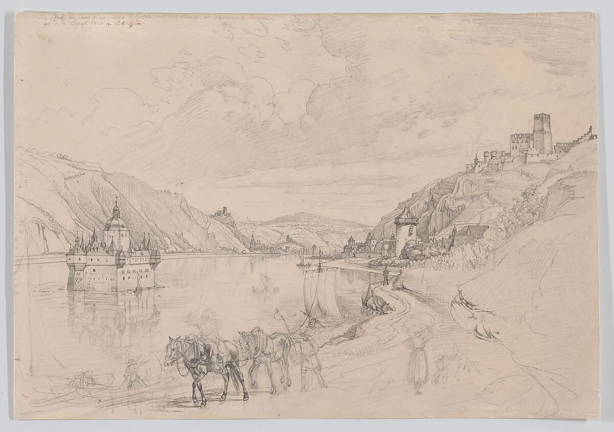 View of the Rhine with Pfalzgrafenstein Castle and Kaub Seen from the South-East — Johann Adam Klein