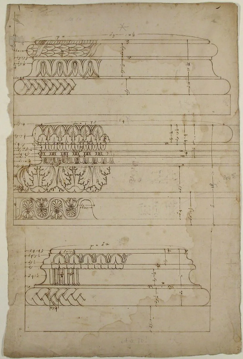 Unidentified, Composite base, elevation; Temple of Concordia, Composite base, elevation; Unidentified, Composite base, elevation (recto) blank (verso) — Anonymous, French, 16th century