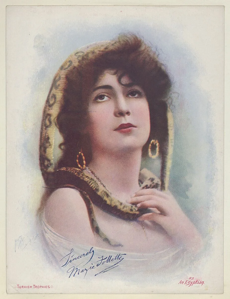 Marie Follette as an Egyptian, from the Actresses series (T1), distributed by the American Tobacco Co. to promote Turkish Trophies Cigarettes — American Tobacco Company|Frederick Moladore Spiegle