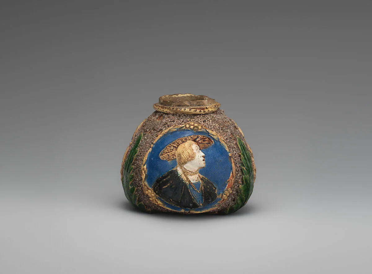 Hafner ware pot with portraits of Ferdinand I, King of Hungary (1503–64), Anne of Hungary (1503–47), and probably Emperor Charles V (1519–56) — Unknown
