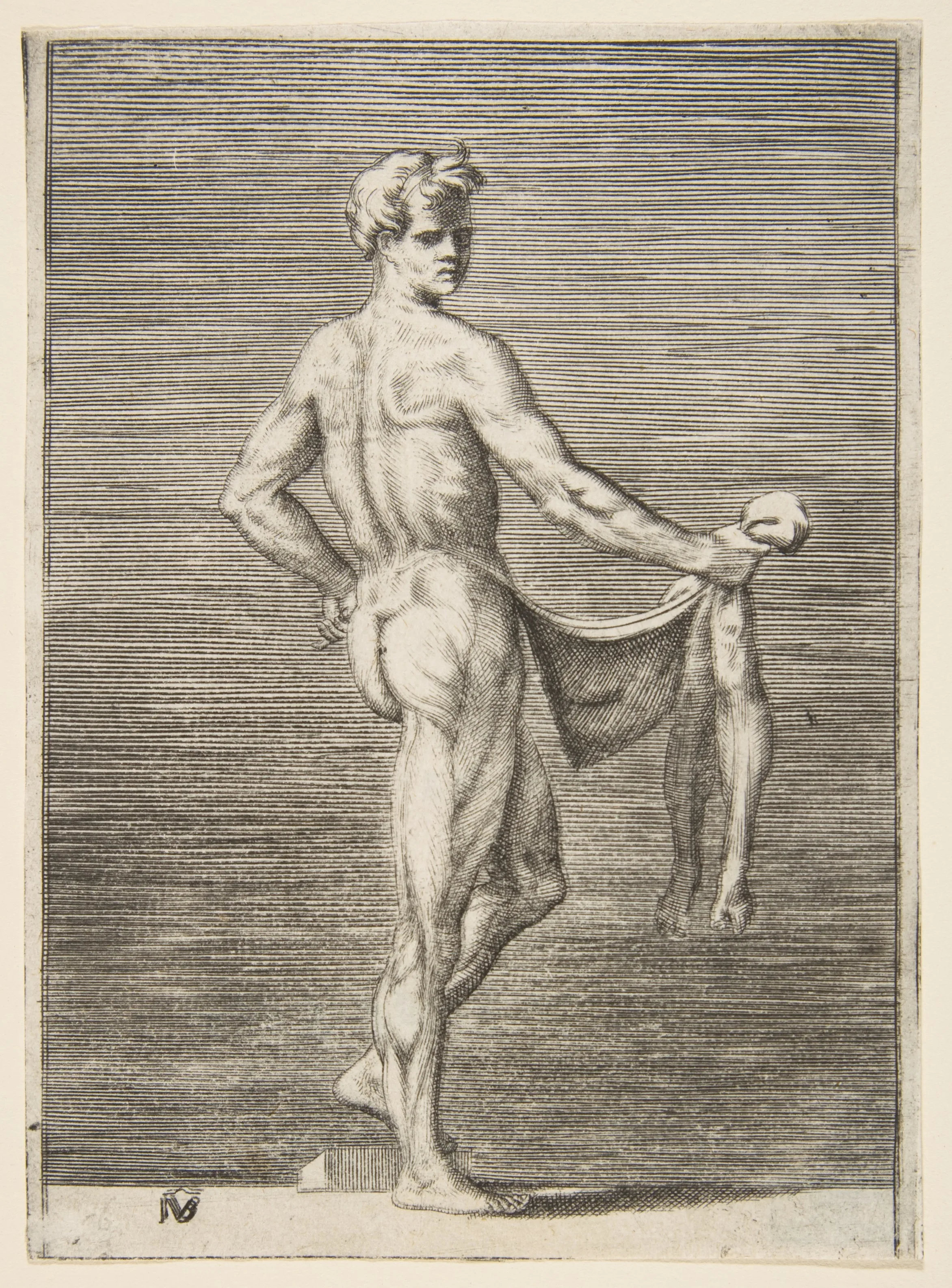 Flayed man with left hand on hip, holding skin in right hand — Giulio Bonasone