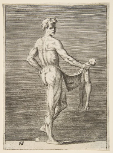 Flayed man with left hand on hip, holding skin in right hand