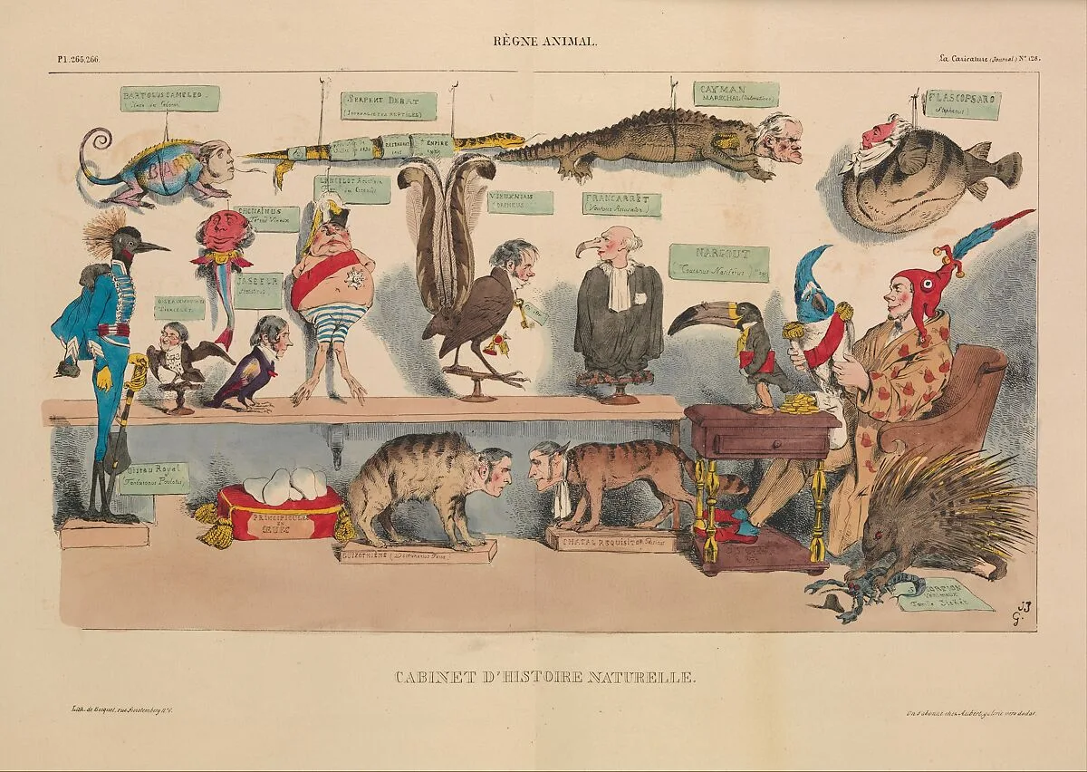 Animal Kingdom: Natural History Cabinet (Règne animal: Cabinet d'histoire naturelle), from La Caricature, plates 265 and 266 — J. J. Grandville|Becquet|Aubert et Cie