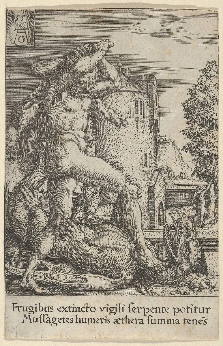 Hercules Killing the Dragon Ladon, from "The Labors of Hercules" — Heinrich Aldegrever