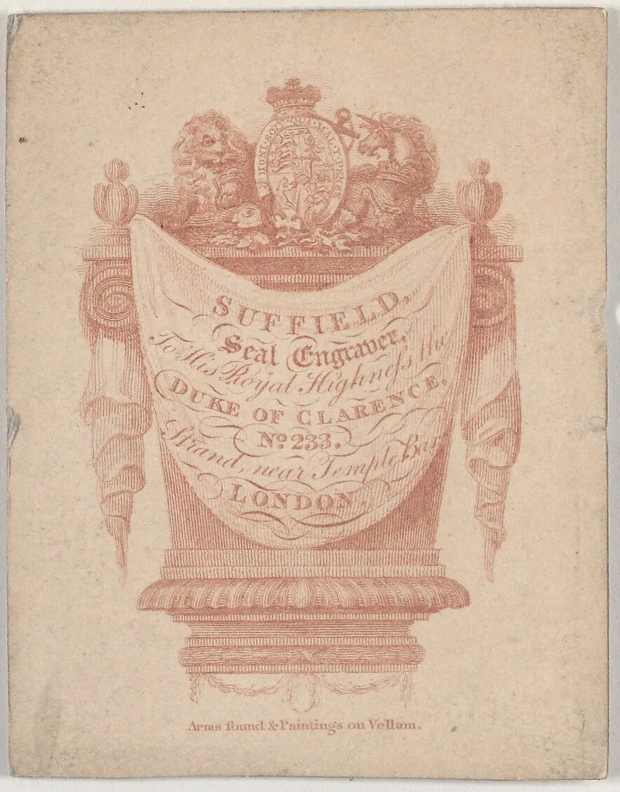 Trade Card for Suffield, seal engraver — Anonymous, British, late 18th–early 19th century