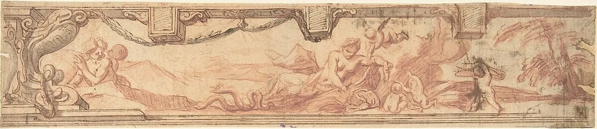 Design for a Frieze with a Coat of Arms with a Serpent and a Landscape Scene with Women and Children — Anonymous, Italian, Bolognese 18th century artist