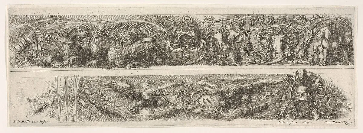 Two Designs for Friezes or Consoles characterized by Armorial Trophies, Plate 6 from: 'Decorative friezes and foliage' (Ornamenti di fregi e fogliami) — Stefano della Bella|Nicolas Langlois