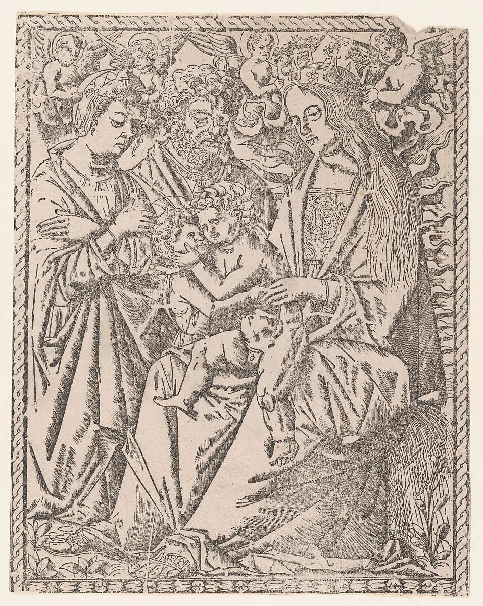 Saint John the Baptist embracing the Christ Child who sits on the Virgin's knee, she is being crowned by angels, other saints at left — Anonymous, Italian, 16th century