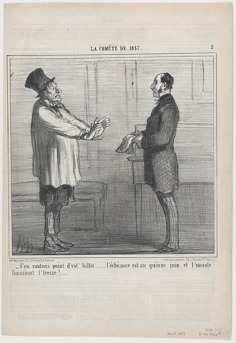 J'en voilons point d'vot' billet, from La Comète de 1857, published in Le Charivari, March 4, 1857 — Aaron Martinet|Honoré Daumier|Destouches
