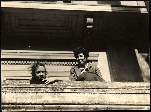 [Jane Ninas and Christine Fairchild on Balcony, Belle Grove Plantation House, White Castle, Louisiana]