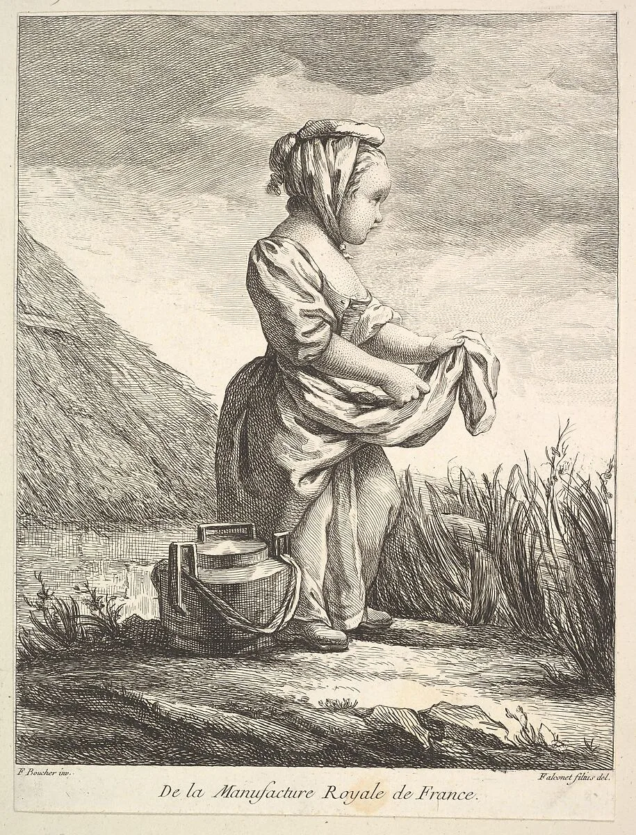 Little girl with a vessel by her feet, from Premier Livre de Figures d'après les porcelaines de la Manufacture Royale de France, inventées en 1757, par Mr. Boucher (First Book of Figures after porcelains from the Manufacture Royale de France, devised in 1757, by Mr. Boucher) — François Boucher|Pierre Etienne Falconet