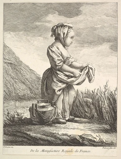 Little girl with a vessel by her feet, from Premier Livre de Figures d'après les porcelaines de la Manufacture Royale de France, inventées en 1757, par Mr. Boucher (First Book of Figures after porcelains from the Manufacture Royale de France, devised in 1757, by Mr. Boucher)