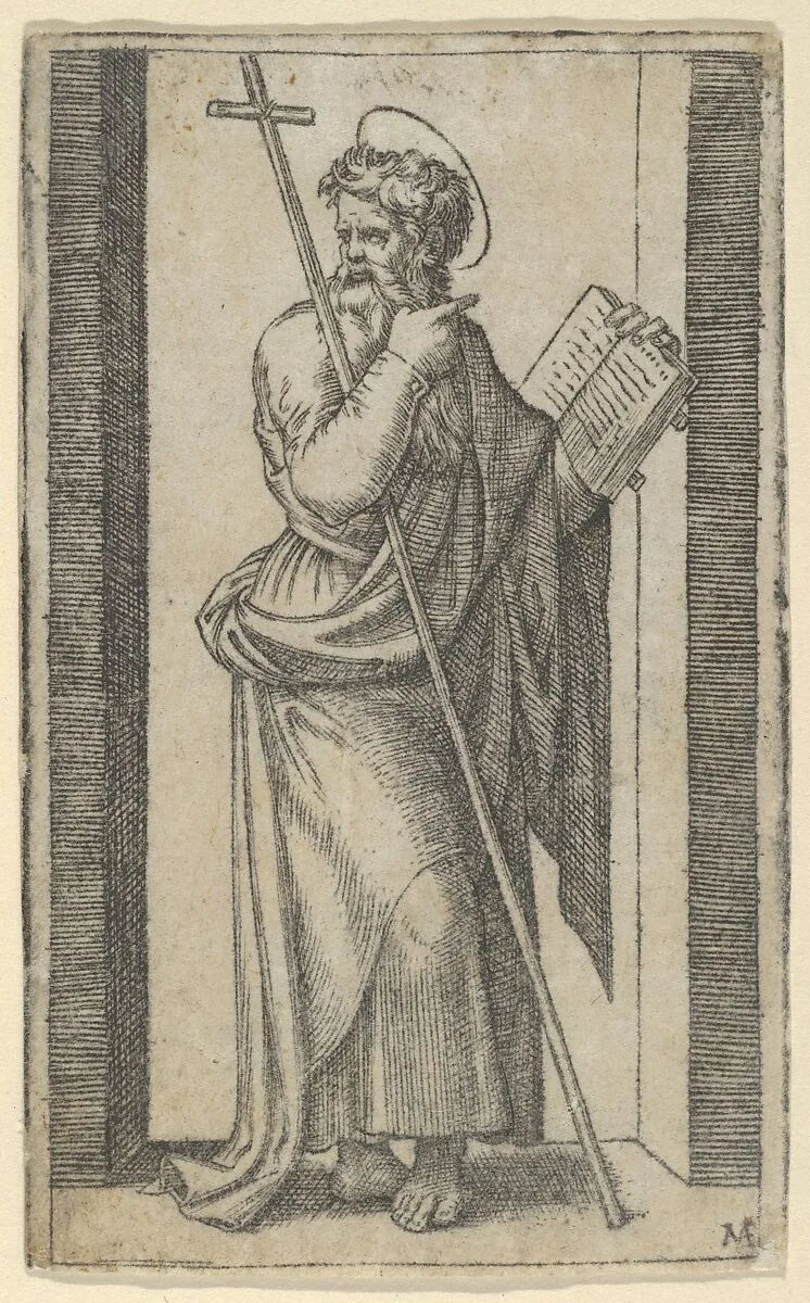 Saint Philip, book in his left hand, staff resting on his left arm, from "Piccoli Santi" (Small Saints) — Marcantonio Raimondi|Raphael (Raffaello Sanzio or Santi)