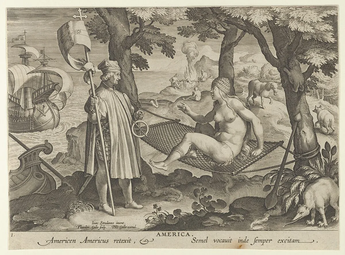Allegory of America, from New Inventions of Modern Times (Nova Reperta), plate 1 of 19 — Jan van der Straet, called Stradanus|Philips Galle|Theodoor Galle