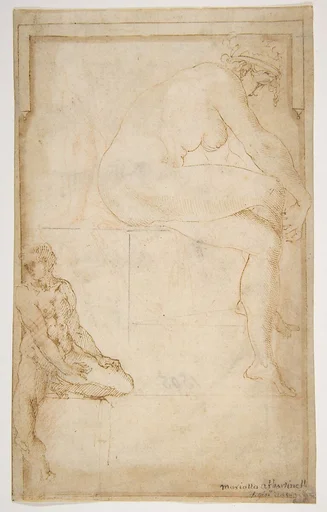 Two Figures in an Architectural Setting: A Female Nude Seated in a Profile View and a Seated Male Nude in a Three-Quarter View with the Left Leg Bent