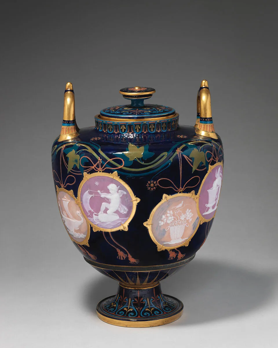 "Pompeian" vase with cover (one of a pair) — Minton(s)|Louis Marc Emmanuel Solon|T. Goode