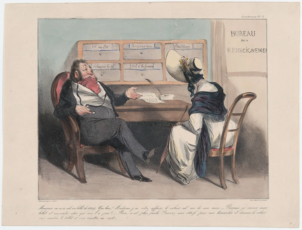 Plate 11: Someone stole a thousand franc note from me, Monsieur..., from 'Caricaturana,' published in Les Robert Macaires — Aubert et Cie|Charles Philipon|Junca|Honoré Daumier|Aubert et Cie