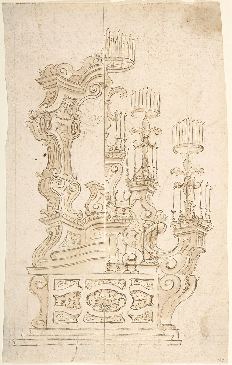 Two One Half Variant Designs for a Catafalque — Anonymous, Italian, Piedmontese, 18th century