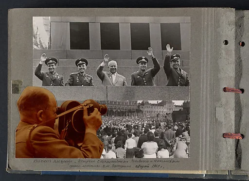 Page from Brothers of the Cosmos, 1969, featuring a photomontage of Baturin with a camera andcosmonauts Pavel Popovich and Andriyan Nikolayev meeting Soviet Premier Nikita Khrushchev in Moscow, 1962