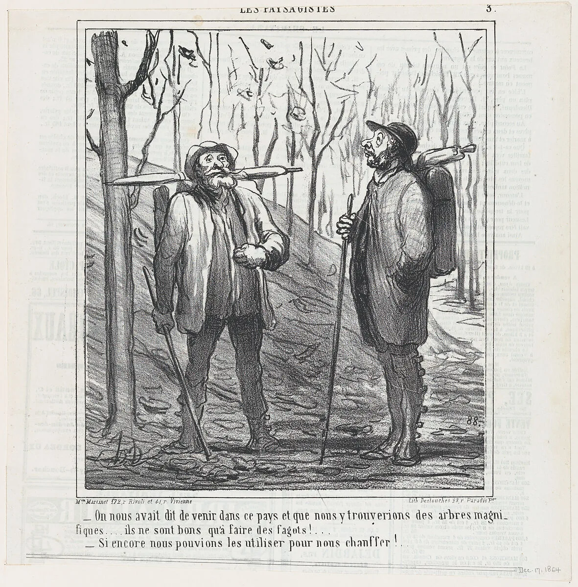 They told us to come to this region and we would find some magnificent trees, from 'The landscape painters,' published in Le Charivari, December 17, 1864 — Aaron Martinet|Honoré Daumier|Destouches