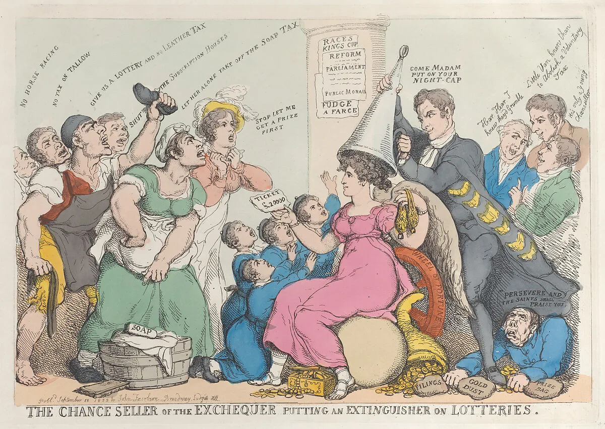 The Chance Seller of the Exchequer Putting an Extinguisher on Lotteries — John Fairburn|Thomas Rowlandson|Frederick John Robinson