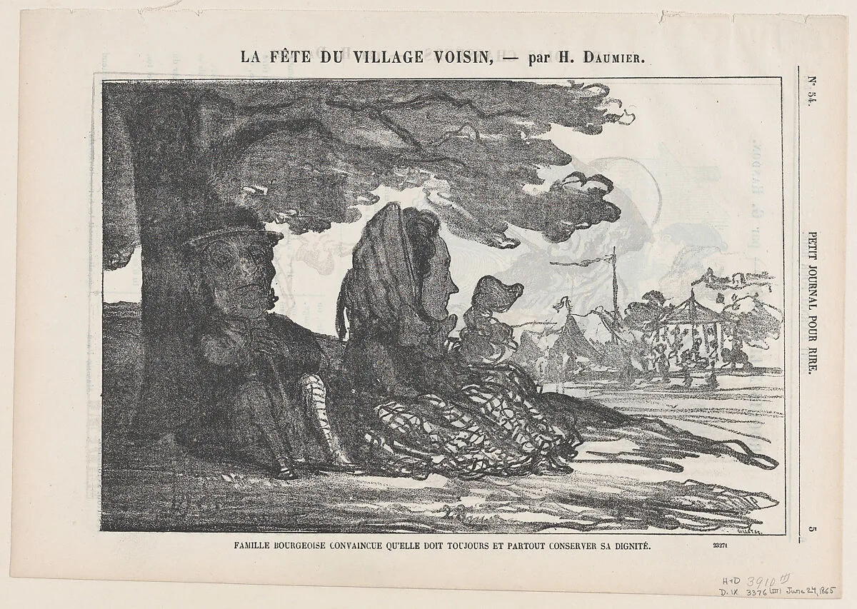 A bourgeois family convinced that they must preserve their dignity always and everywhere, from 'A celebration in the neighboring village,' published in Le Petit Journal pour Rire, June 24, 1865 — Honoré Daumier